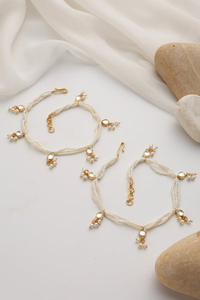 Fauna White Kundan and Pearls Anklets