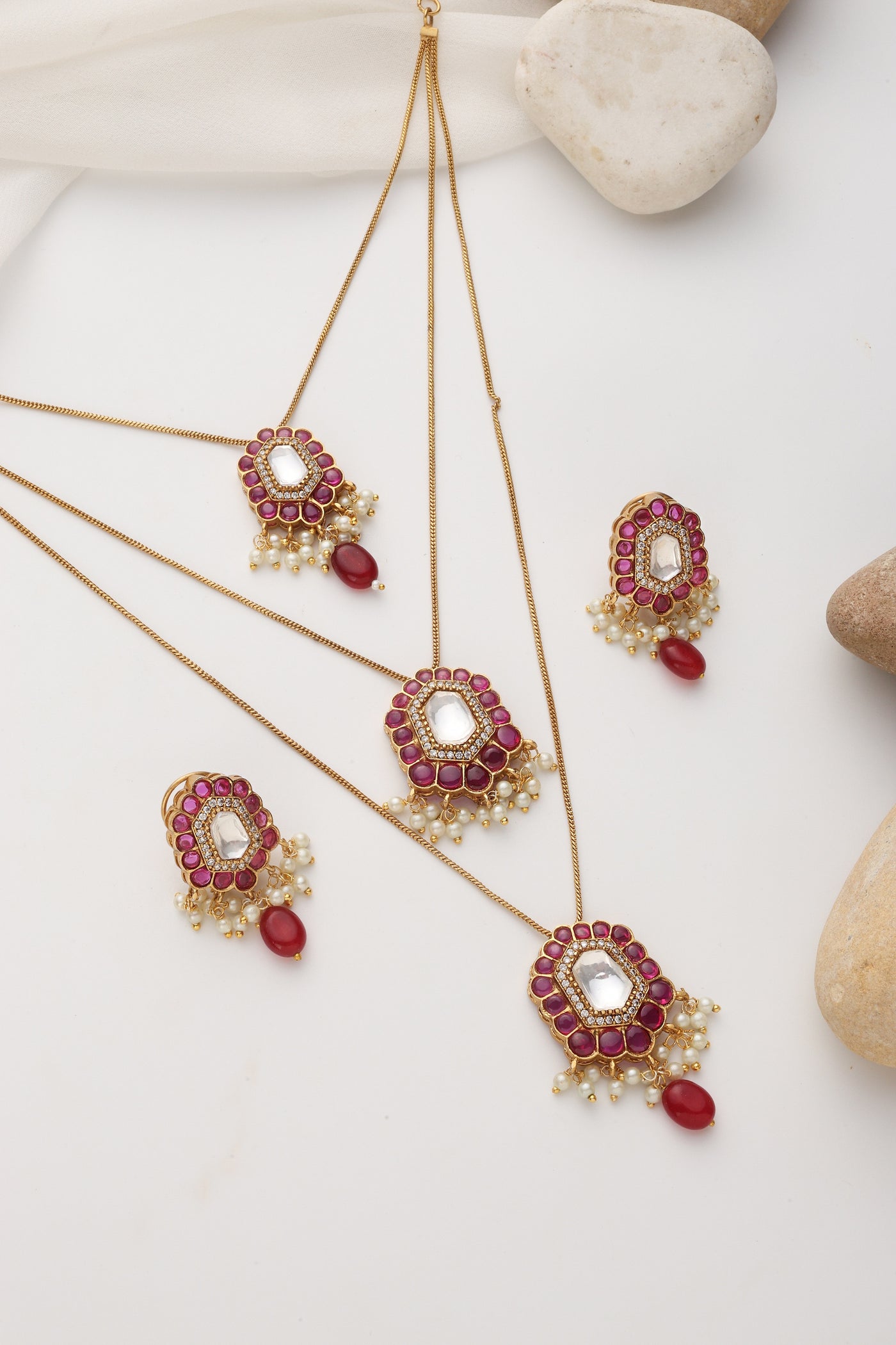 Everly Ruby Polki Layered Necklace Set