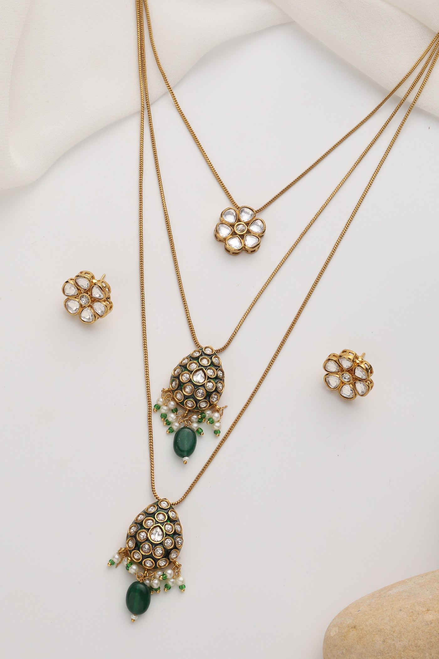 Athena Green Polki Layered Necklace Set