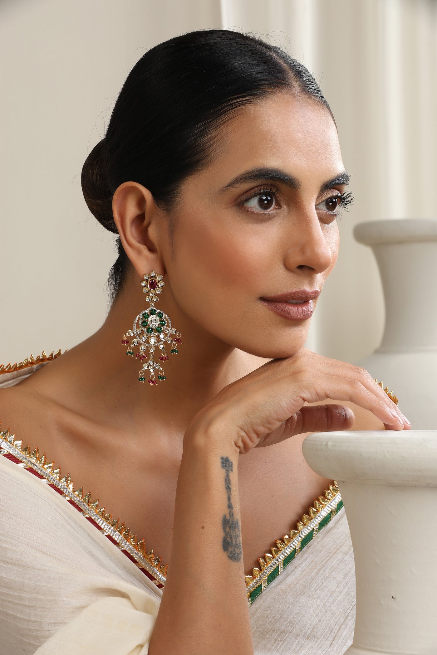 Purva Multicolour Polki Chandbali Earrings