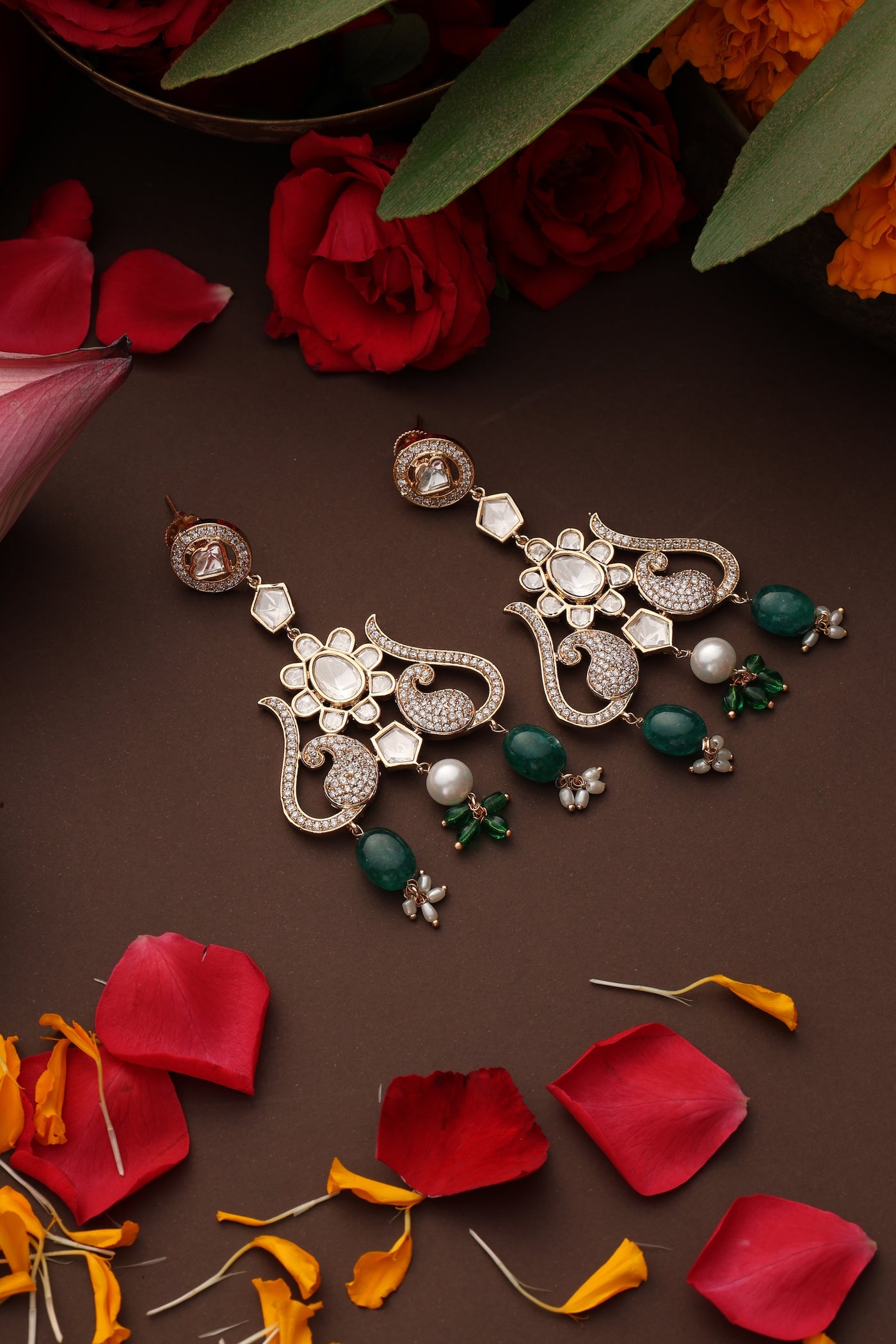 Ziyaana Green Polki Dangler Earrings