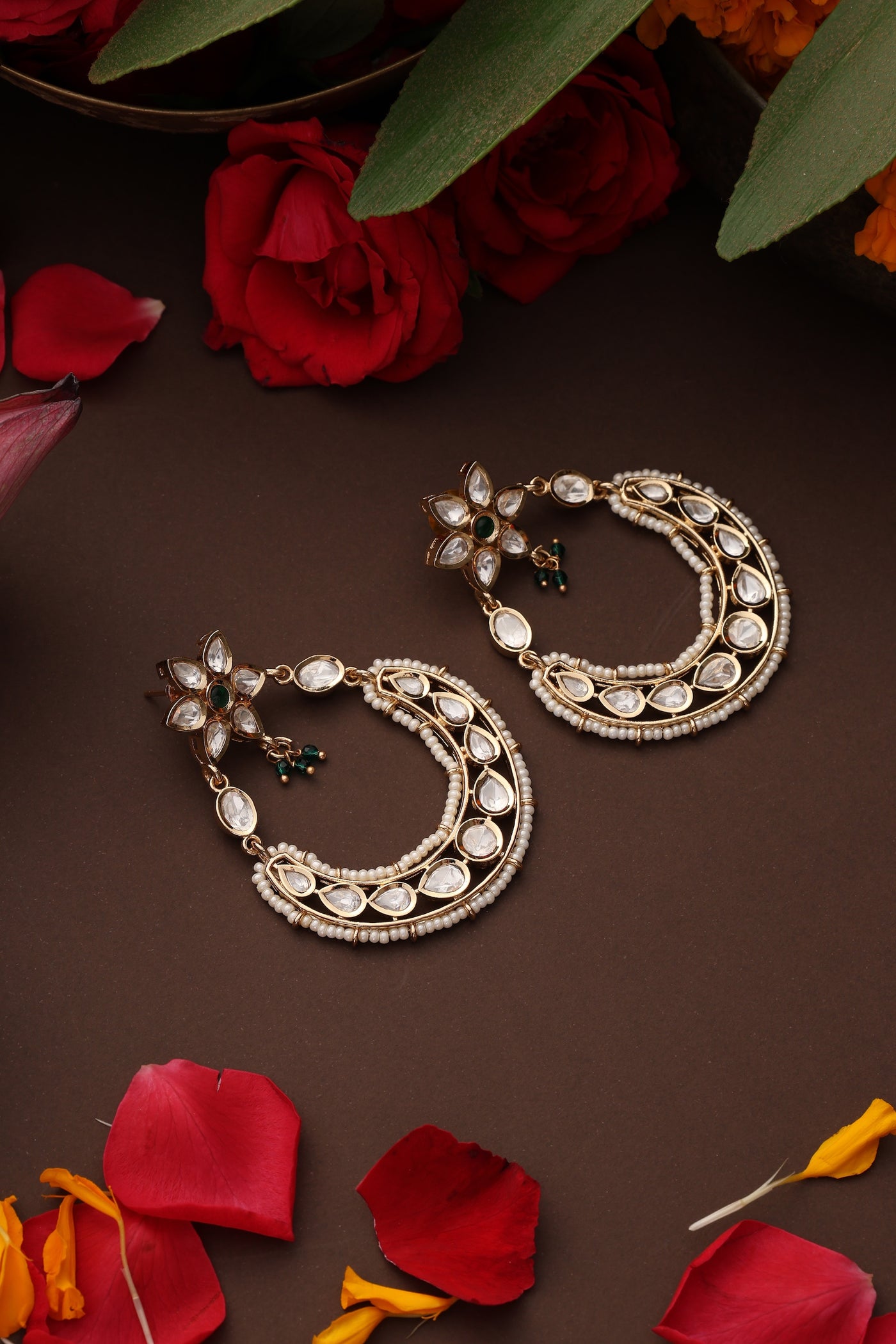 Antra Green Polki Chandbali Earrings