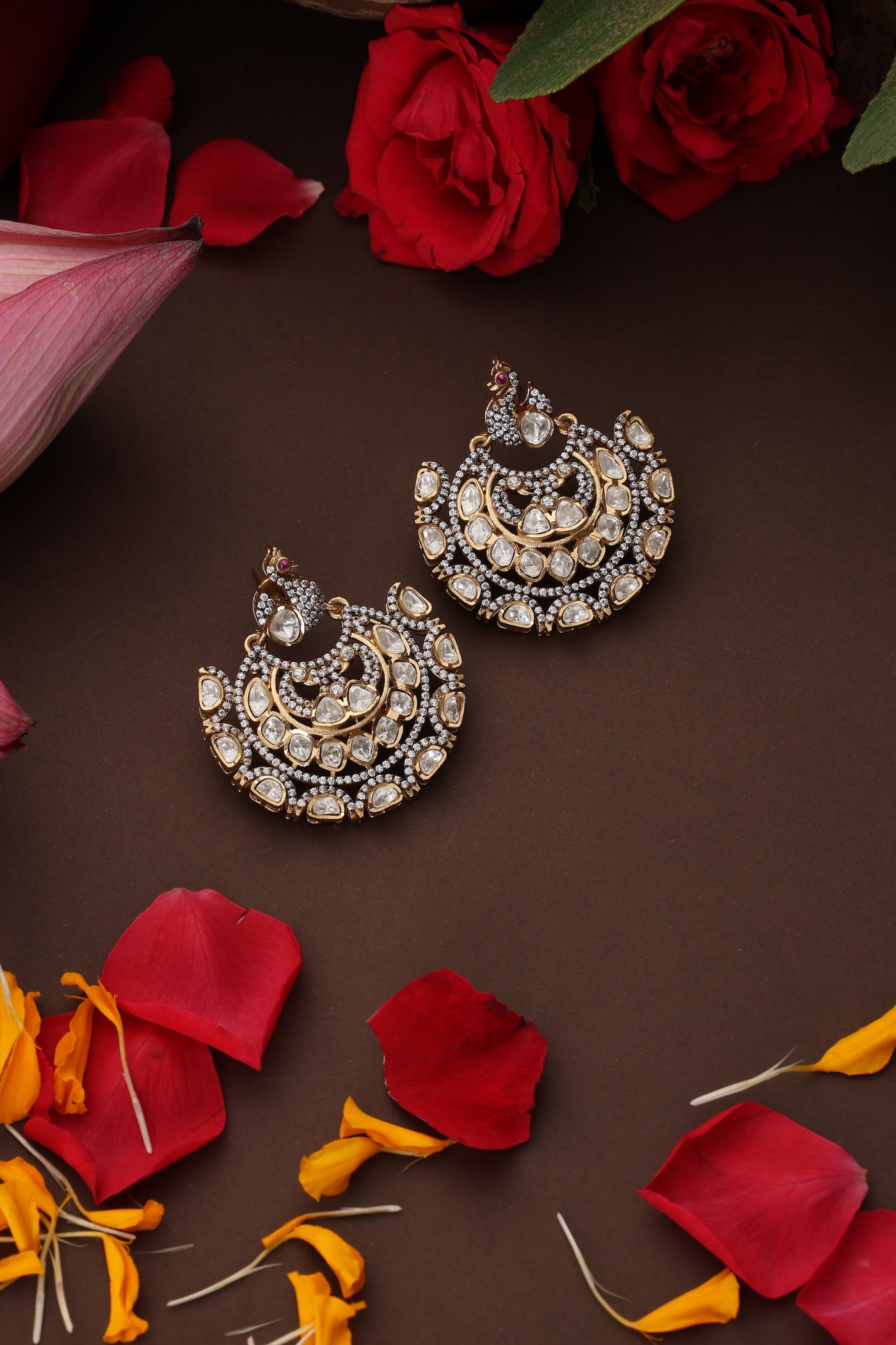Tarang Silver Polki Chandbali Earrings