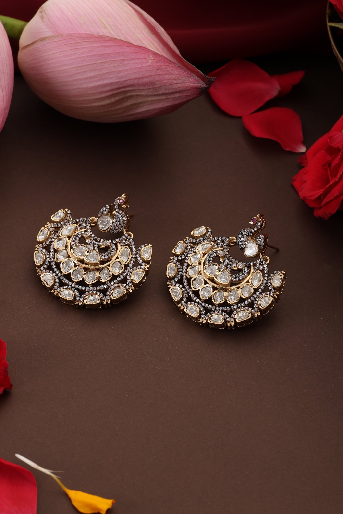 Tarang Silver Polki Chandbali Earrings