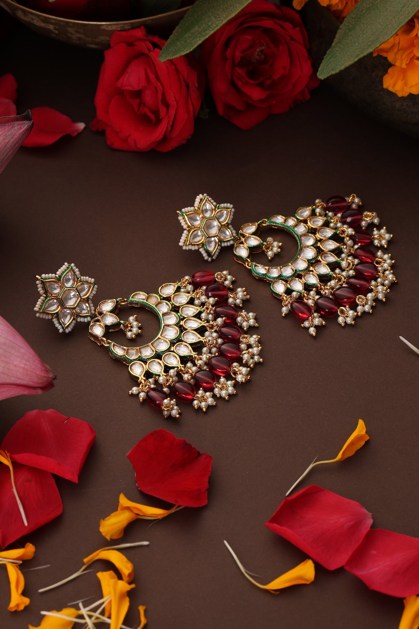 Vrai Red Polki Chandbali Earrings