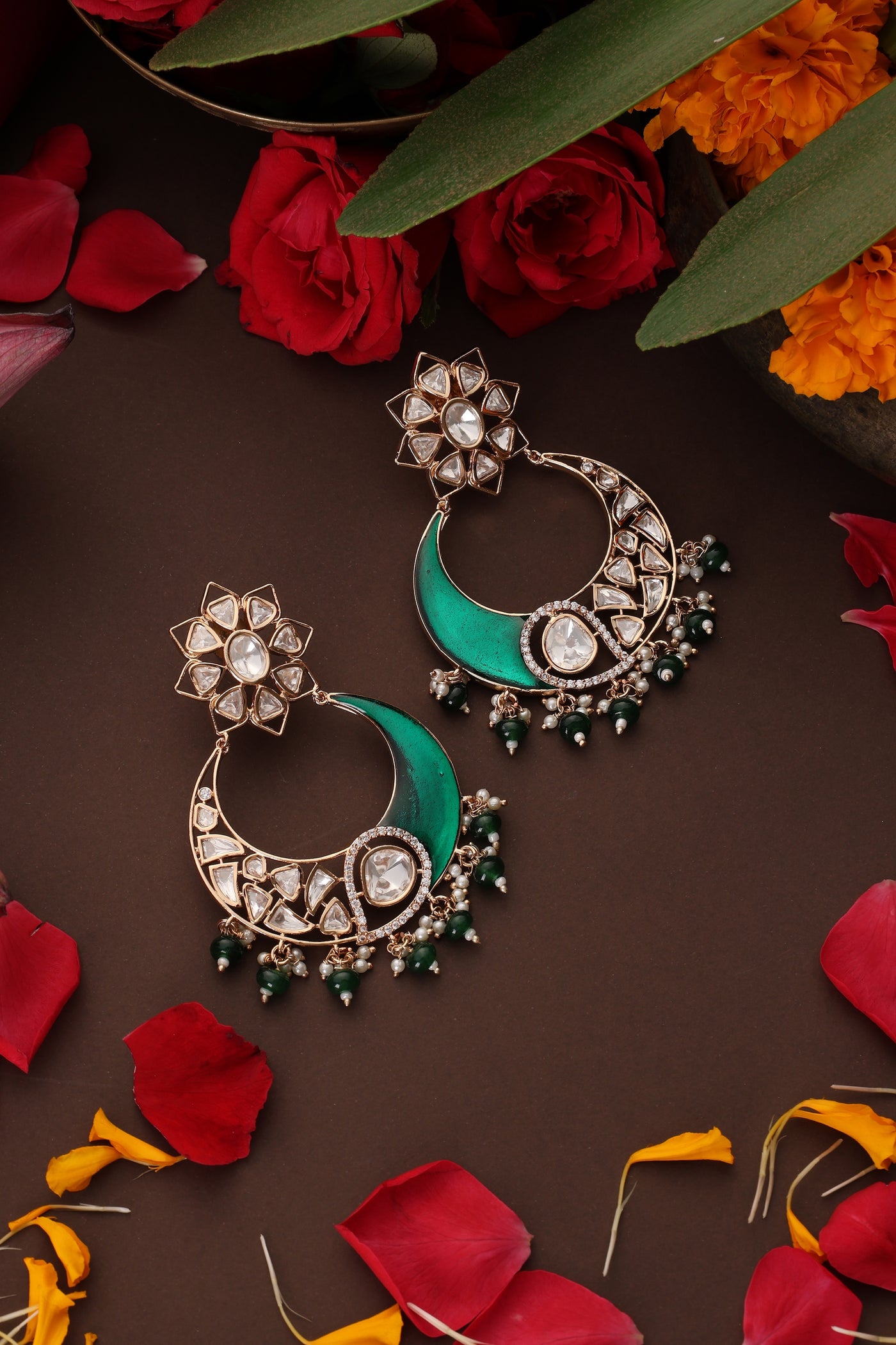 Rehana Green Polki Chandbali Earrings