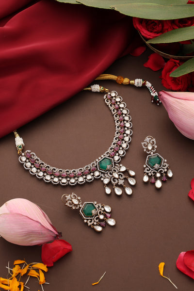 Mehza Emerald and Ruby Polki Necklace Set