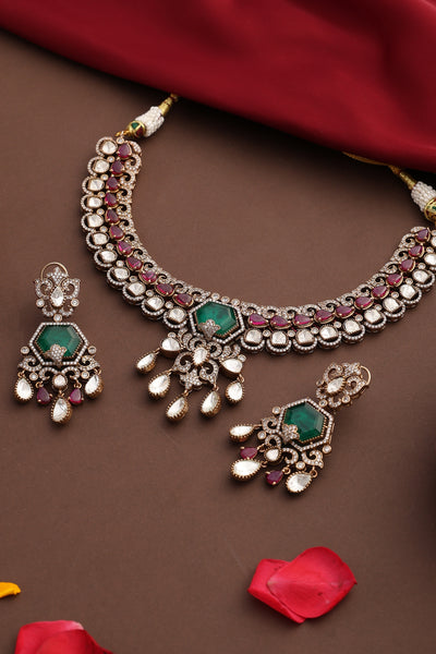 Mehza Emerald and Ruby Polki Necklace Set
