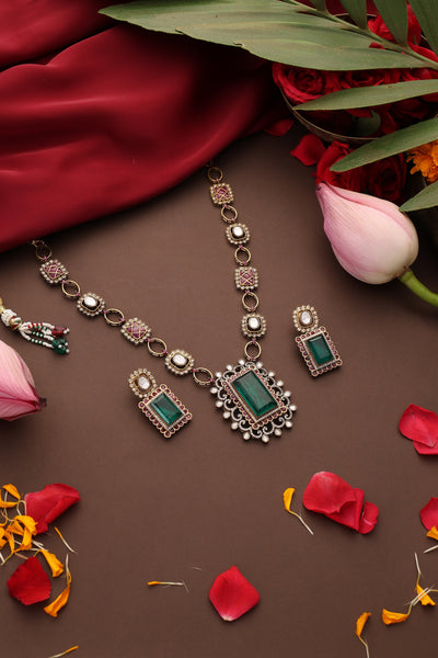 Turq Emerald and Ruby Polki Pendant Set