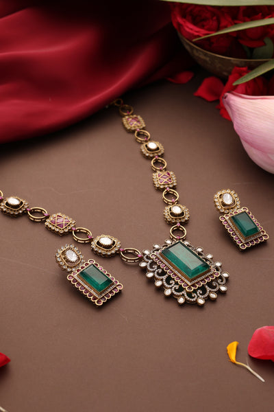 Turq Emerald and Ruby Polki Pendant Set