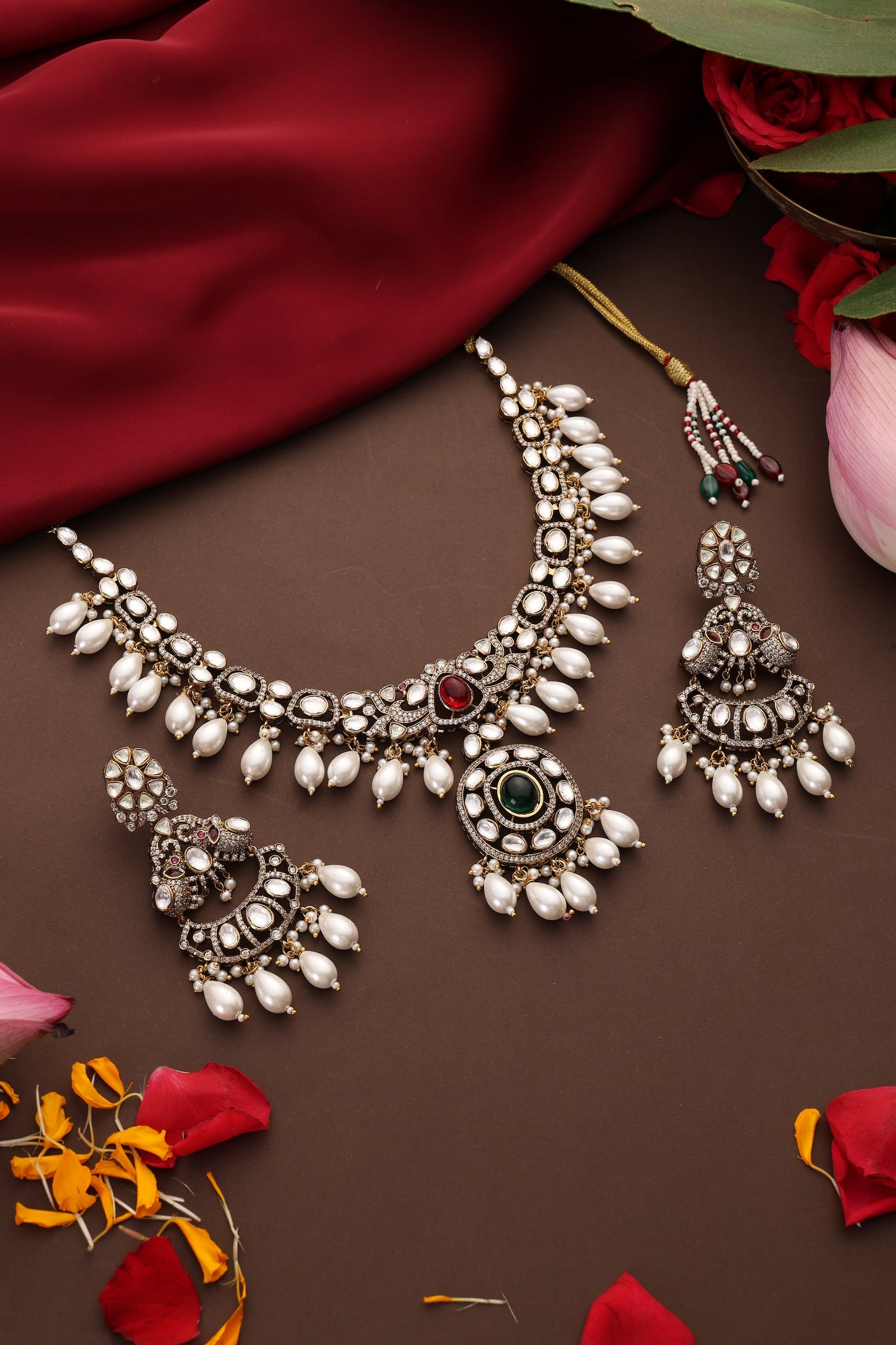 Noora Green Polki and Pearl Necklace Set