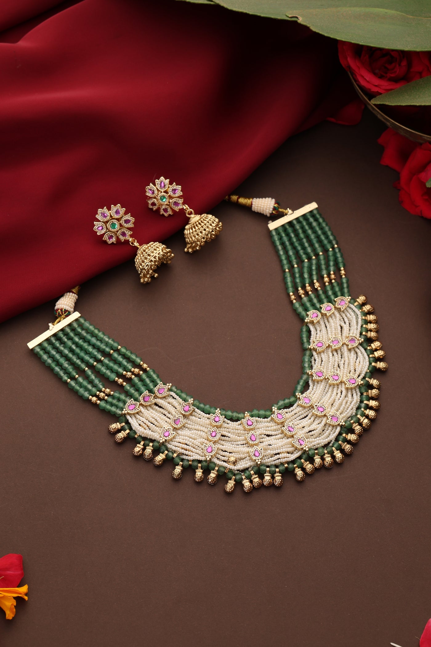 Varashi Green and Ruby Layered Necklace Set