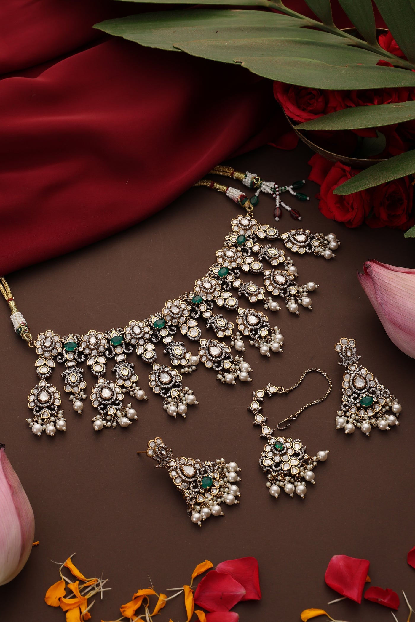 Ruaab Green Polki Necklace Set with Maang Tikka