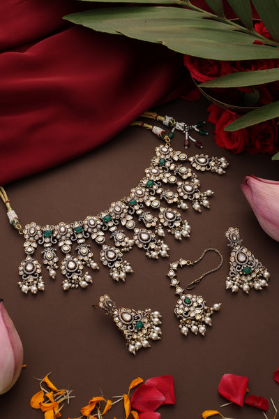 Ruaab Green Polki Necklace Set with Maang Tikka