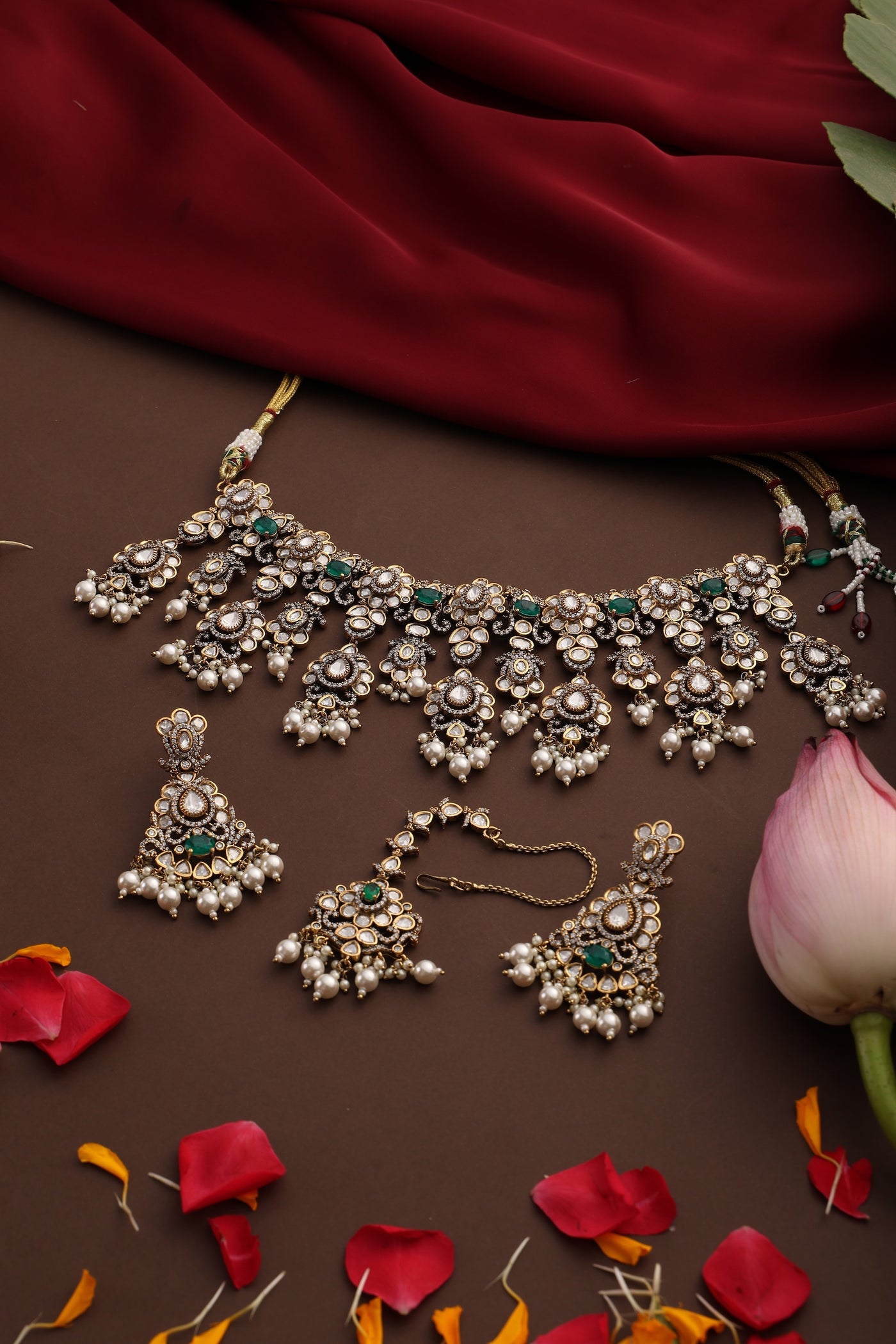 Ruaab Green Polki Necklace Set with Maang Tikka
