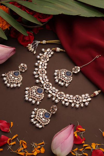 Unneri Sapphire and Polki Necklace Set with Maang Tikka