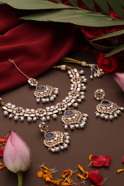Unneri Sapphire and Polki Necklace Set with Maang Tikka