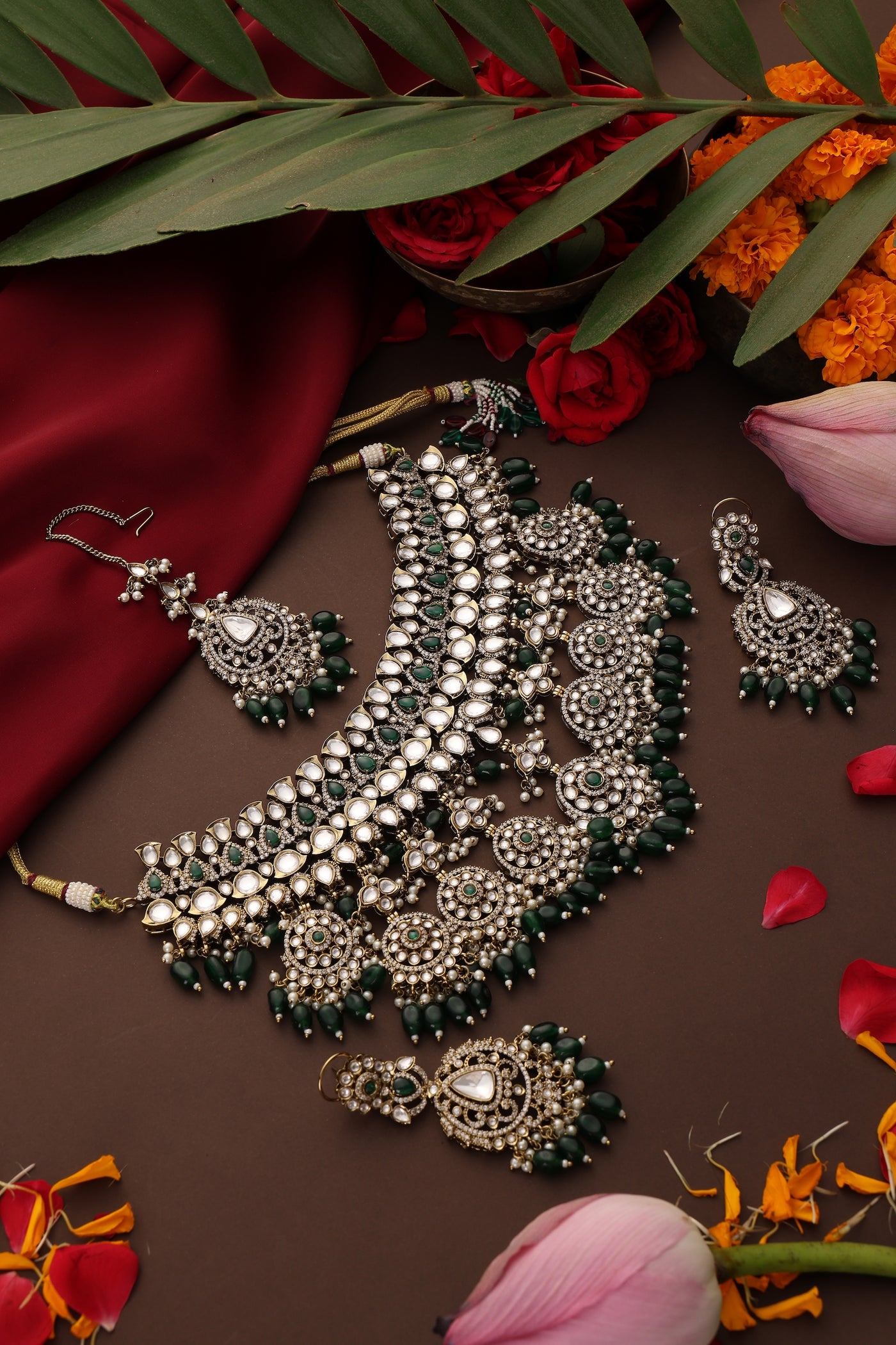 Haseen Green Polki Necklace Set with Maang Tikka