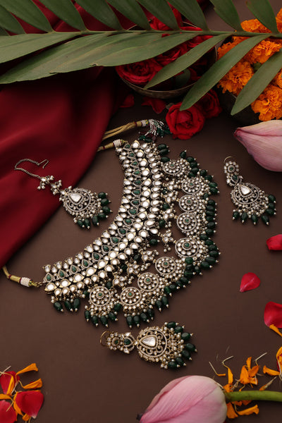 Haseen Green Polki Necklace Set with Maang Tikka