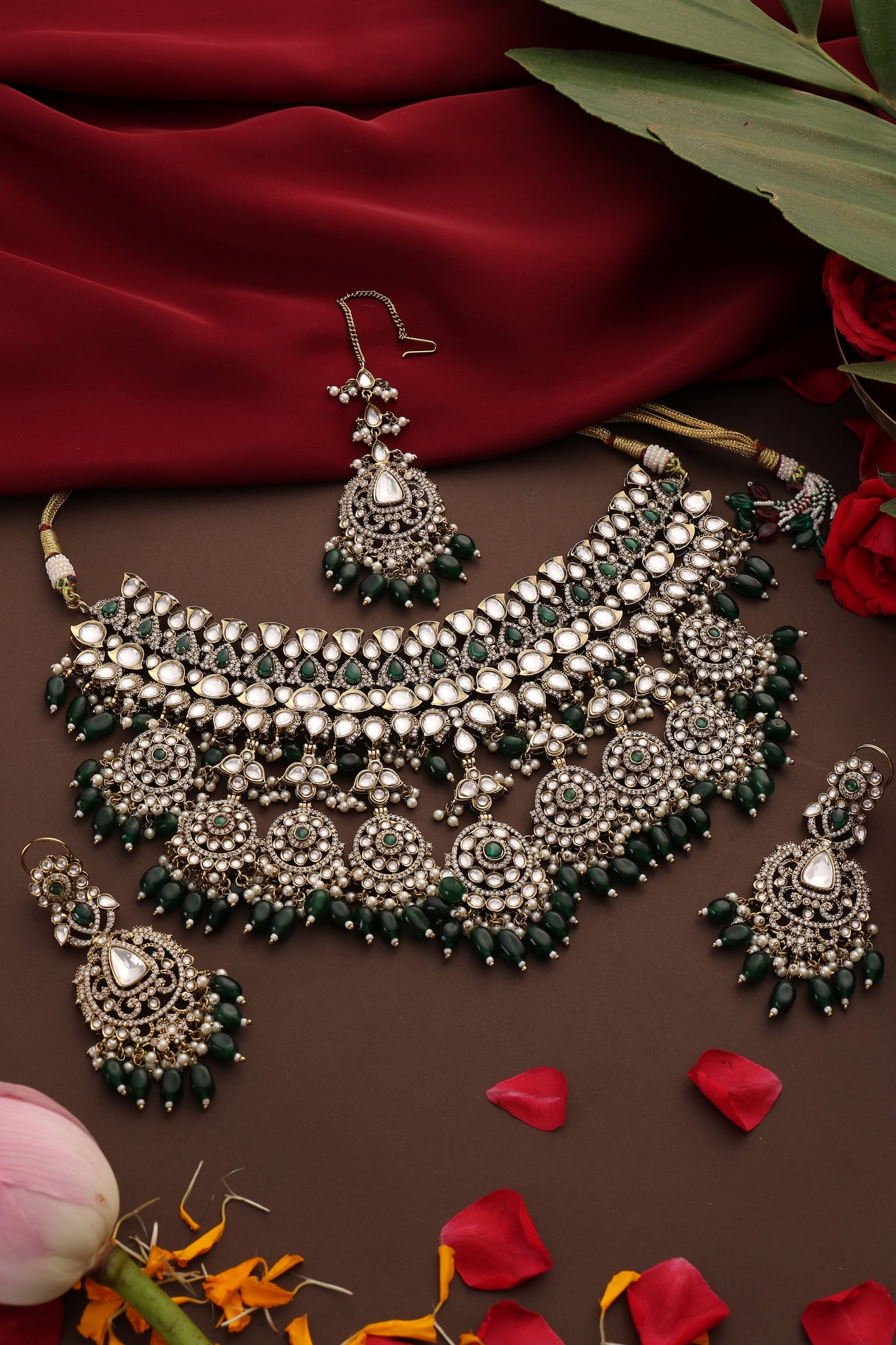 Haseen Green Polki Necklace Set with Maang Tikka