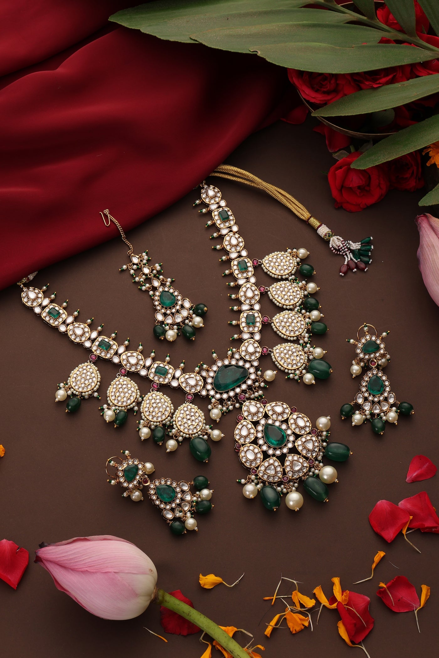 Aalia Green Polki Long Necklace Set with Maang Tikka