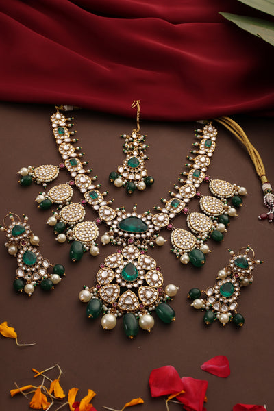 Aalia Green Polki Long Necklace Set with Maang Tikka