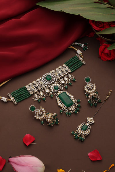 Riana Emerald Polki Choker Set with Maang Tikka