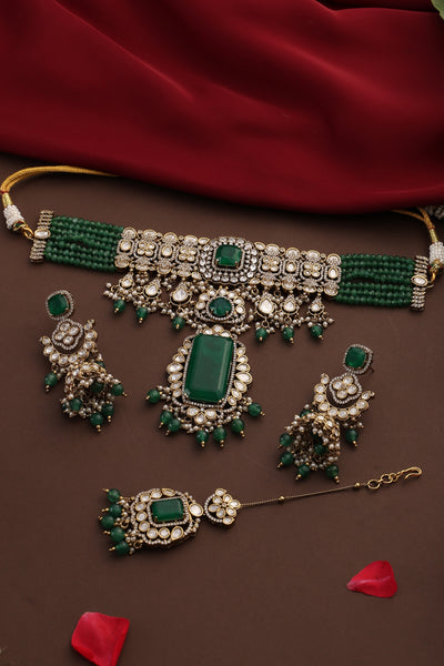 Riana Emerald Polki Choker Set with Maang Tikka