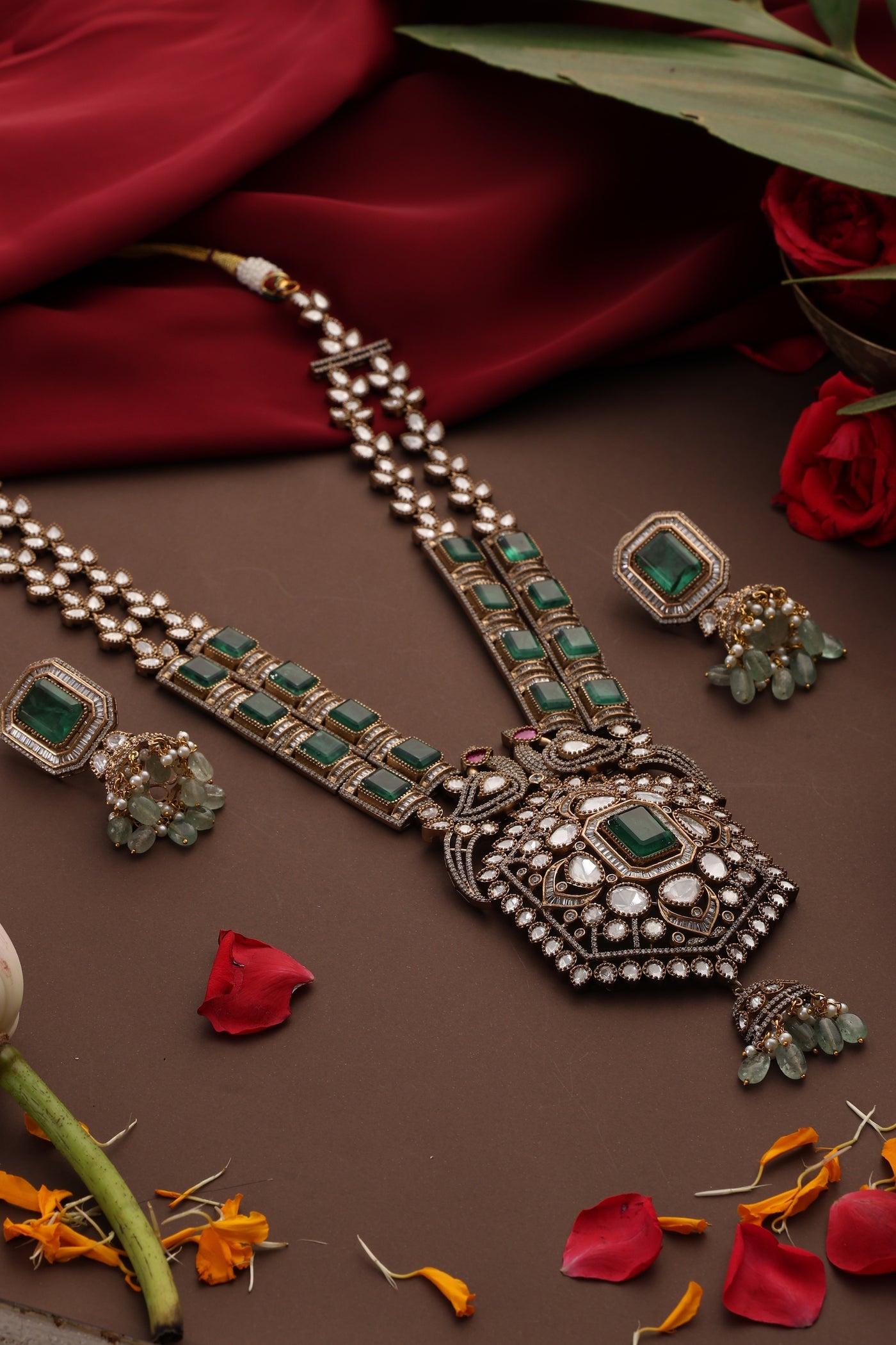 Meherbaan Emerald Polki Long Necklace Set