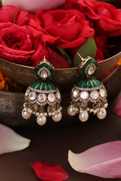 Mantra Green Polki Jhumka Earrings