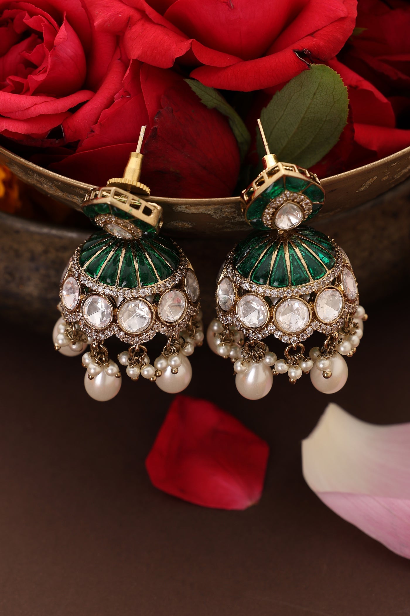 Mantra Green Polki Jhumka Earrings