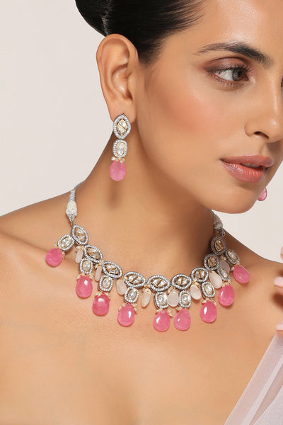 Hailey Pink Silver Plated Victorian Polki Necklace Set