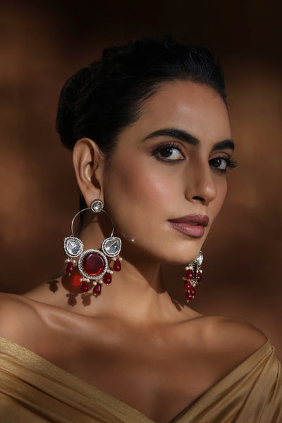 Raha Red Silver Polki Chandbali Earrings