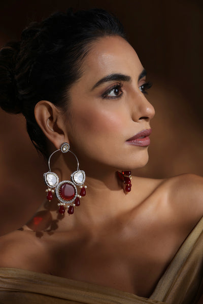 Raha Red Silver Polki Chandbali Earrings