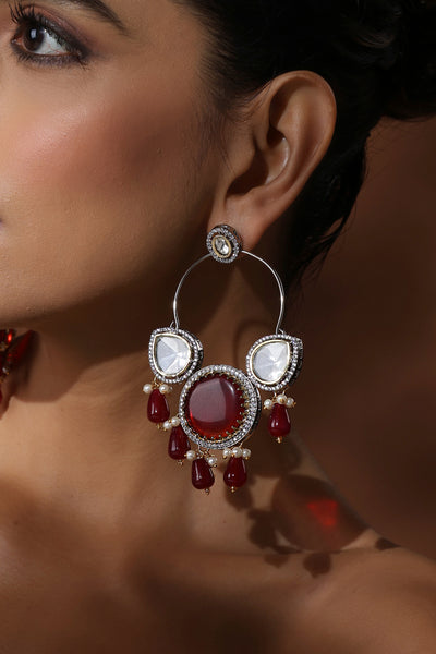 Raha Red Silver Polki Chandbali Earrings