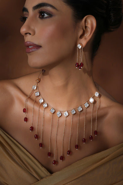 Aishe Red Polki Necklace Set