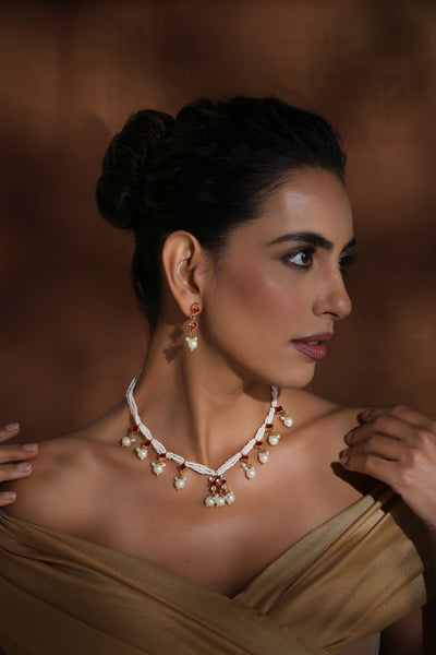 Omya Red Kundan and Pearl Layered Necklace Set