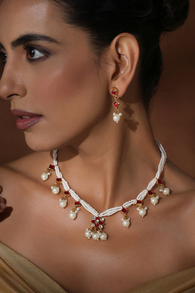 Omya Red Kundan and Pearl Layered Necklace Set