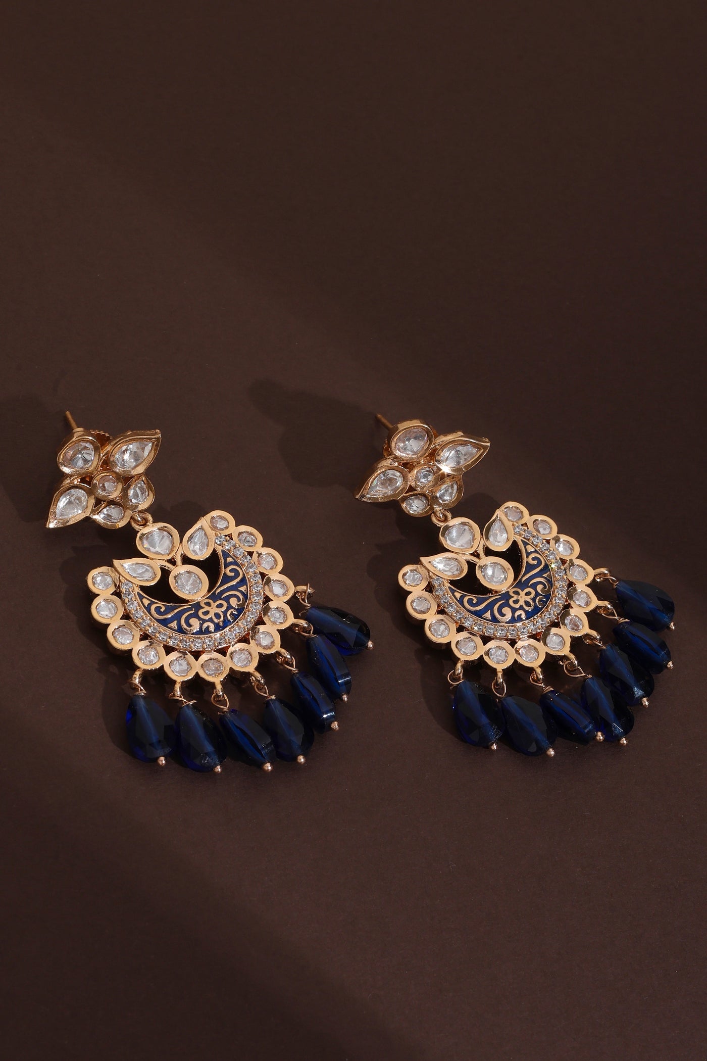 Mahem Blue Polki Chandbali Earrings