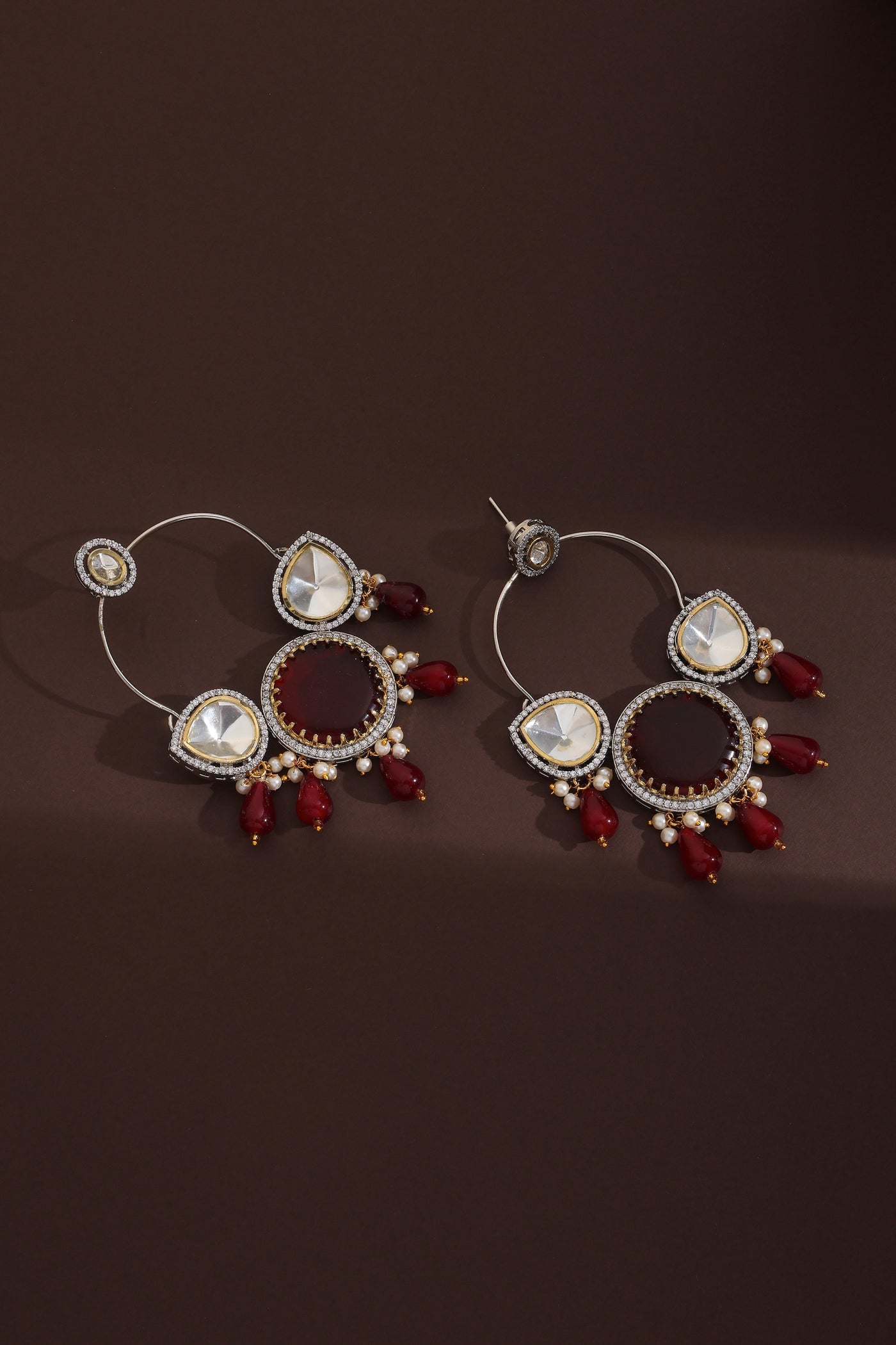 Raha Red Silver Polki Chandbali Earrings