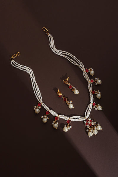 Omya Red Kundan and Pearl Layered Necklace Set