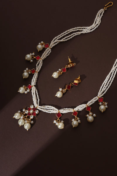 Omya Red Kundan and Pearl Layered Necklace Set