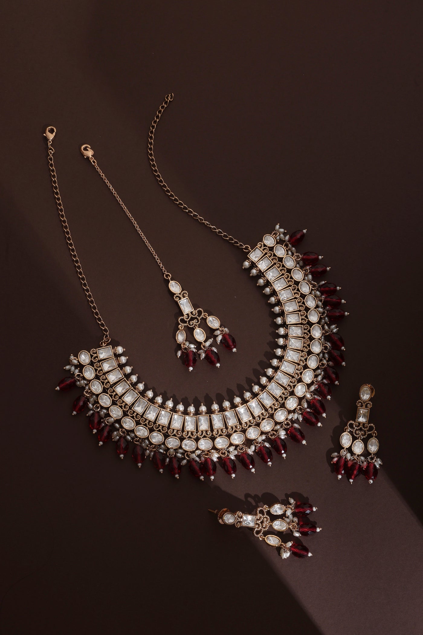 Lopa Red Rose Gold Polki Necklace Set with Maang Tikka