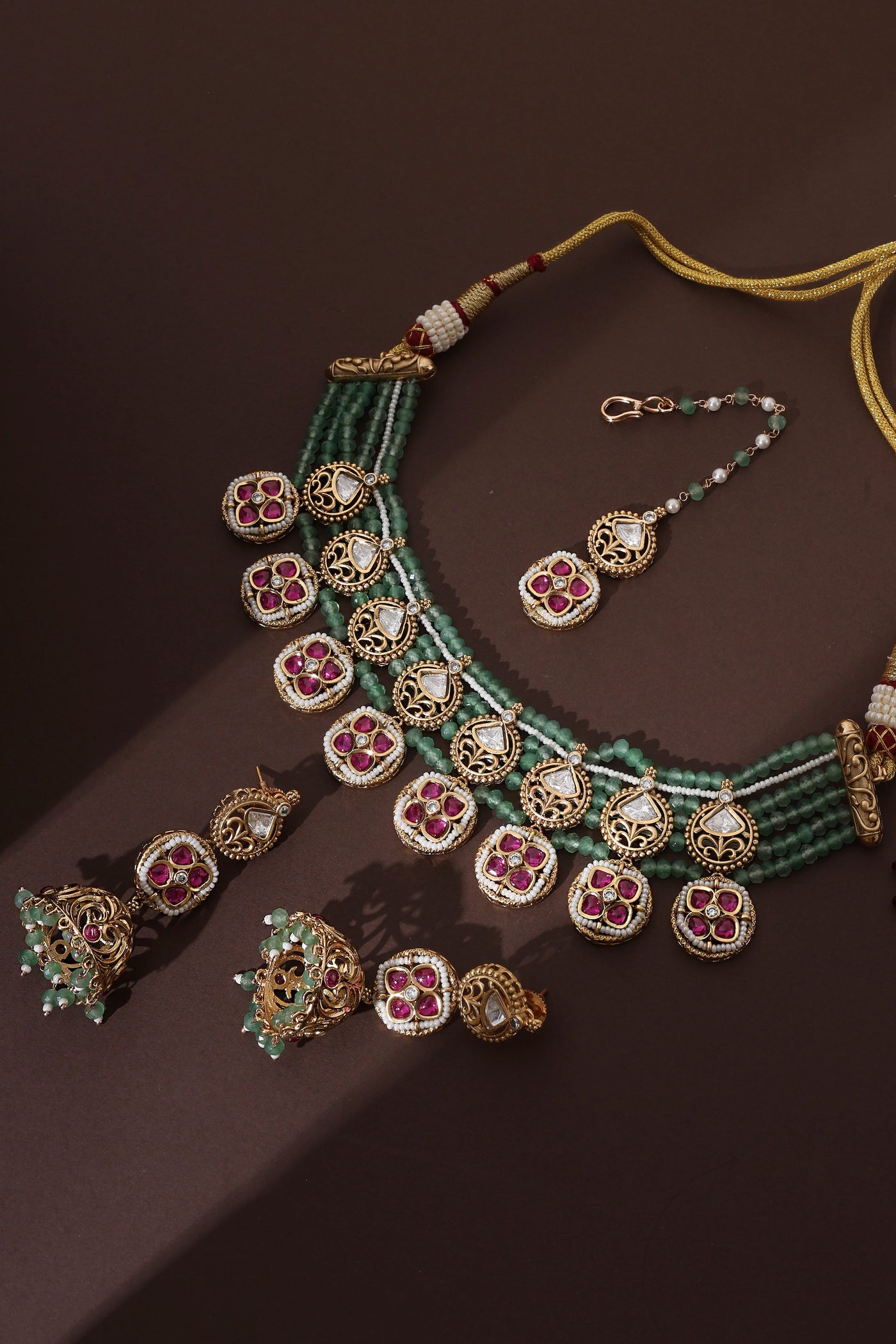 Triyan Green and Red Polki Necklace Set with Maang Tikka