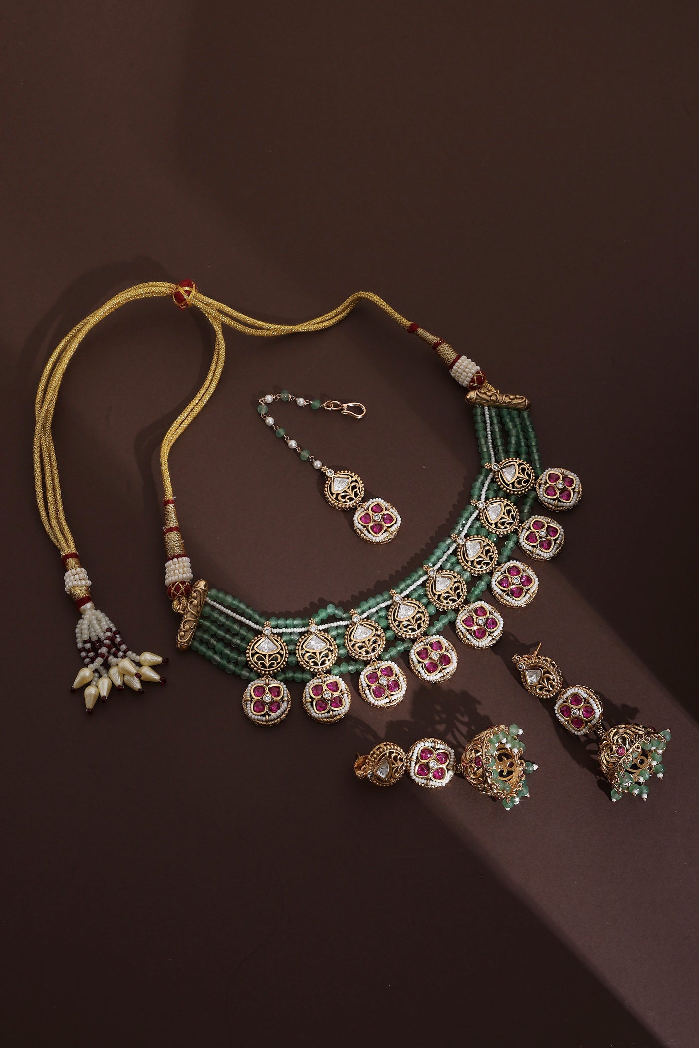 Triyan Green and Red Polki Necklace Set with Maang Tikka