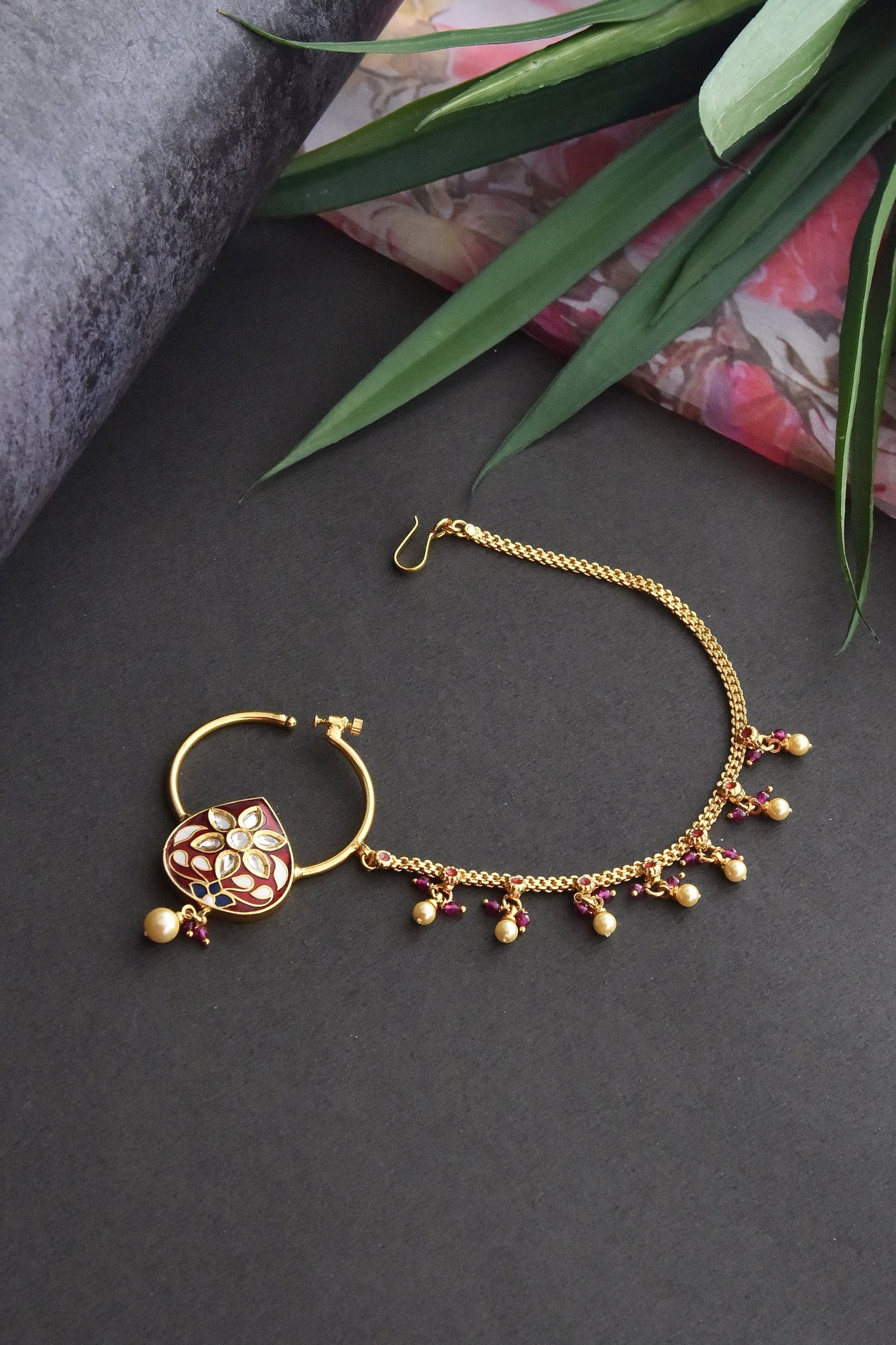 Omesa Red Meenakari Gold Plated Kundan Nose Ring