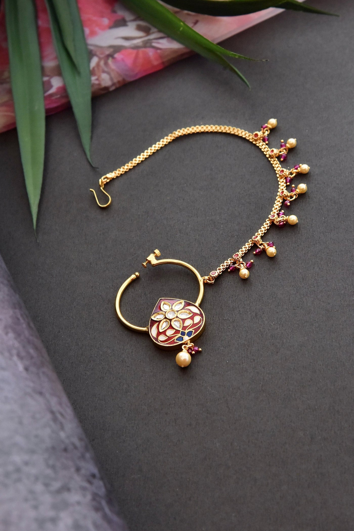 Omesa Red Meenakari Gold Plated Kundan Nose Ring