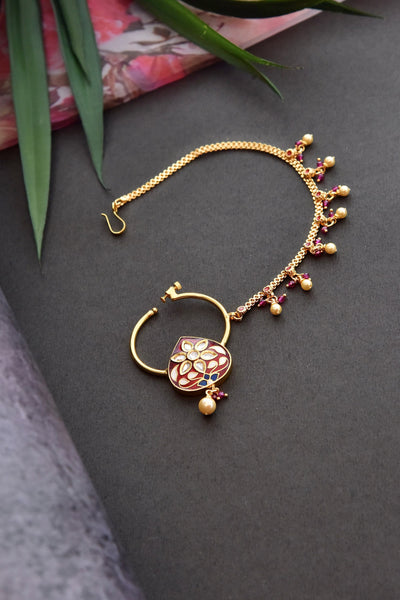 Omesa Red Meenakari Gold Plated Kundan Nose Ring