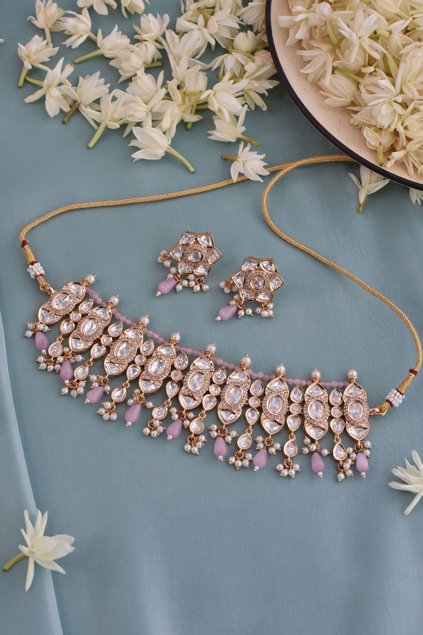 Norah Pink Gold Plated Polki Choker Necklace Set