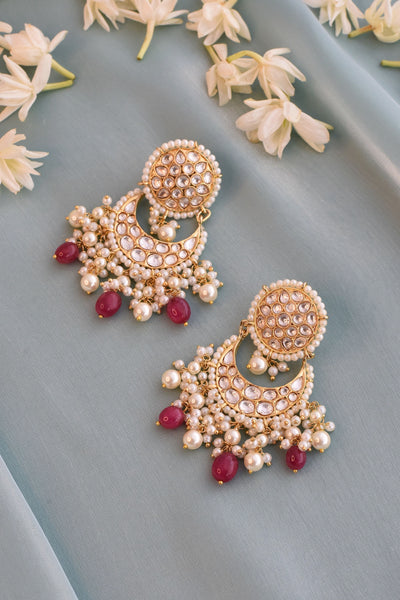 Ihina Red Gold Plated Kundan Chandbali Earrings